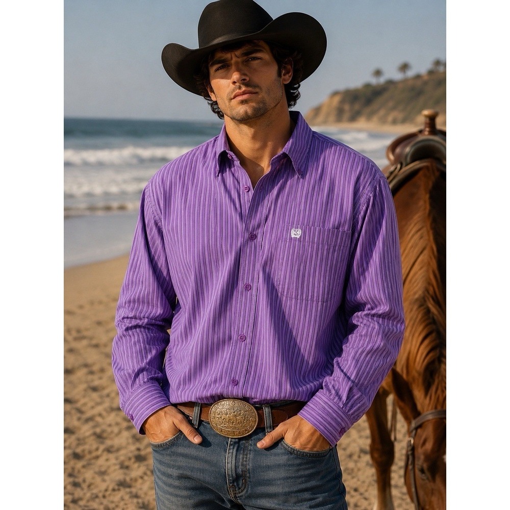 Cinch Men's Small Long Sleeve Collared Shirt Purple Vertical Stripes‎ RN 17901